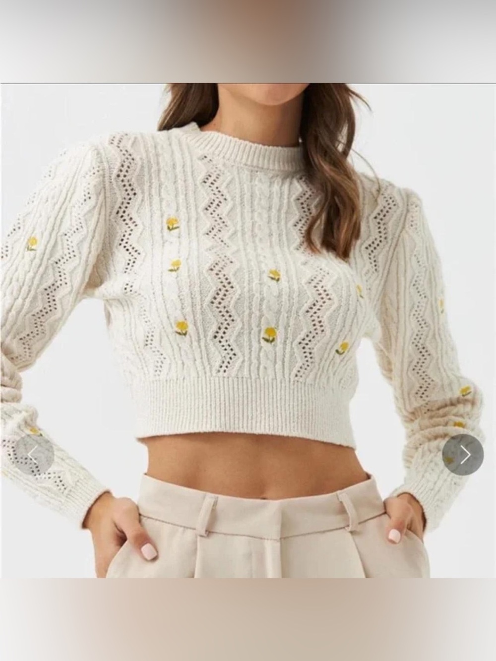 Zara Cream Cropped Cable-Knit Sweater with Yellow Floral Dots